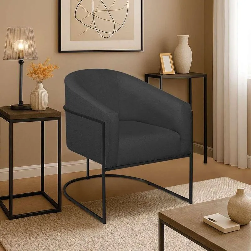 Poltrona Decorativa Jade Moderno Escritório Confortável Luxo Base De Ferro Preto Linho Cinza Escuro