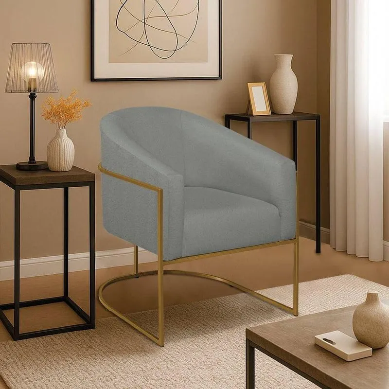 Poltrona Decorativa Jade Moderno Escritório Confortável Luxo Base De Ferro Dourado Linho Cinza Claro