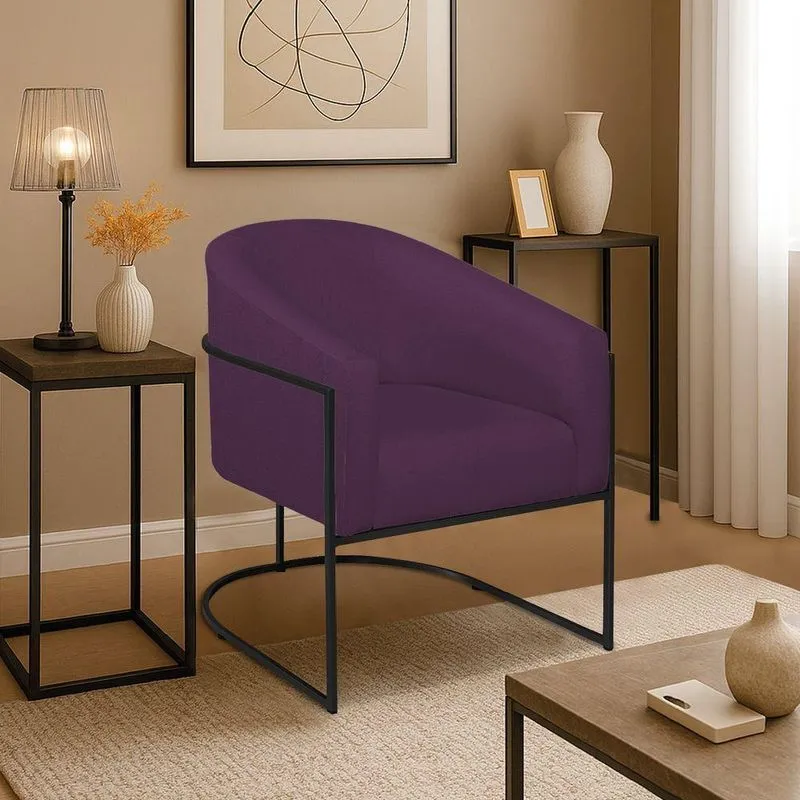 Poltrona Decorativa Jade Moderno Escritório Confortável Luxo Base De Ferro Preto Suede Roxo