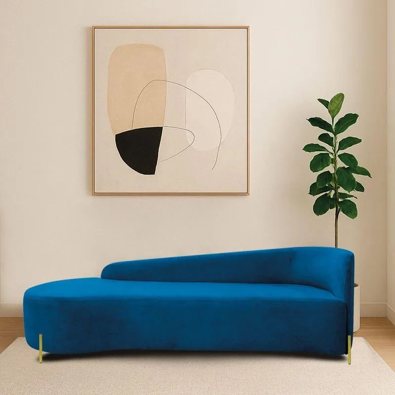 Divã Recamier Orgânico França 250cm Lado Esq Pés Metal Dourado Linho Azul Royal