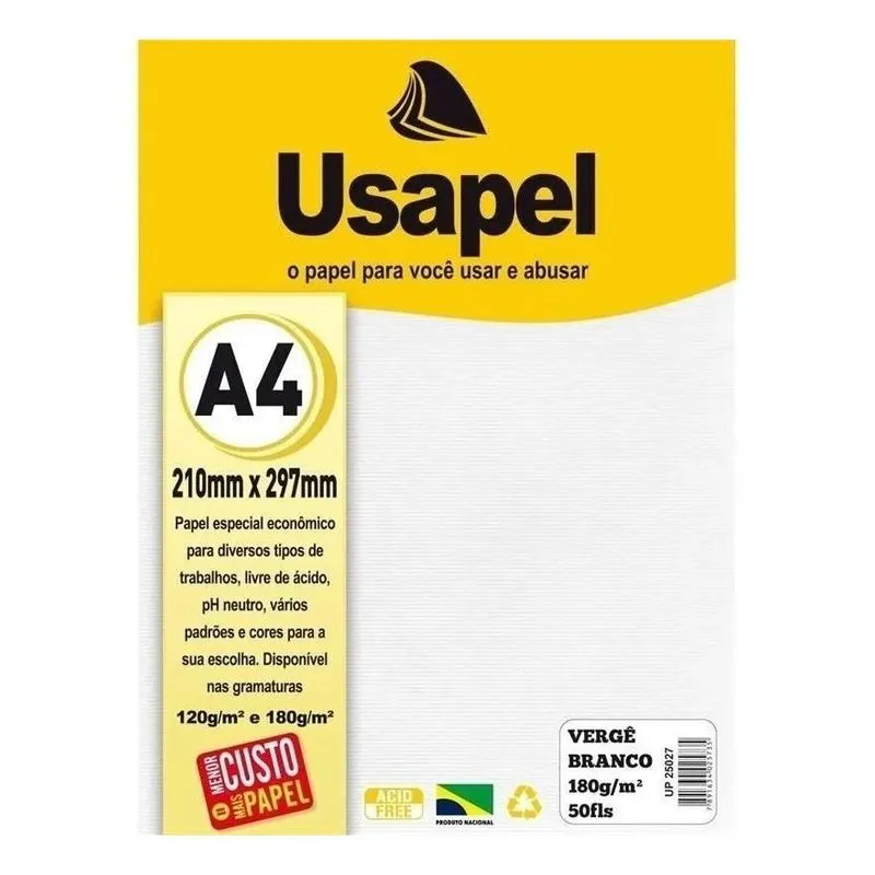 Papel Vergê Branco A4 180g - Usapel - Pacote Com 50 Folhas P
