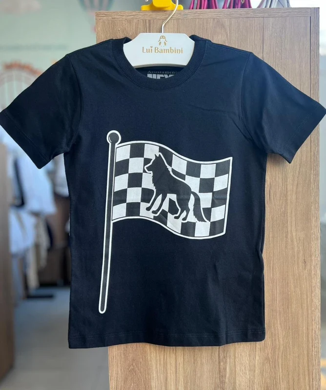 CAMISETA MANGA CURTA BANDEIRA XADREZ LOBO MENINO ACOSTAMENTO PRETO / 12
