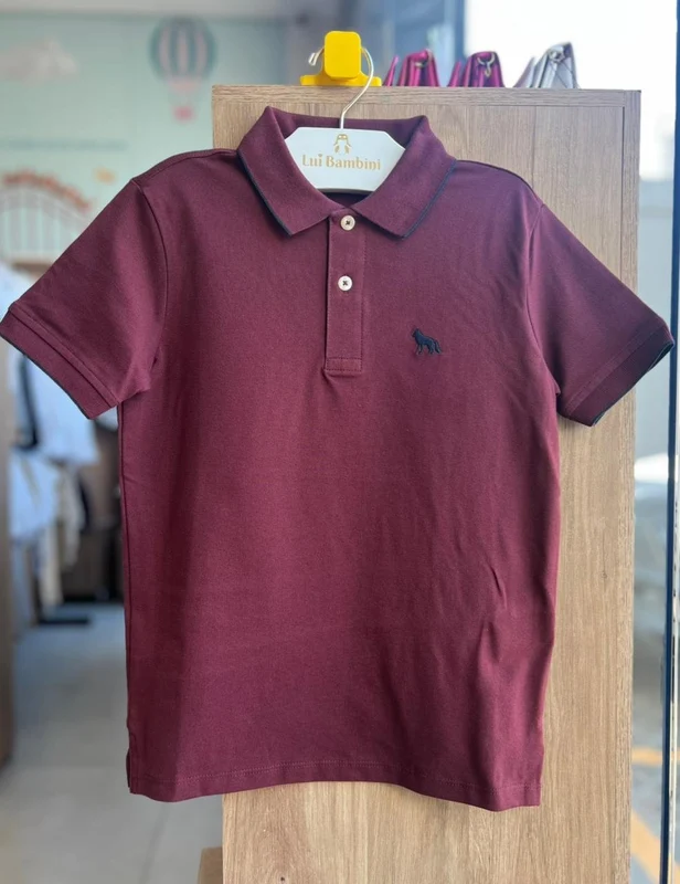 CAMISETA MANGA CURTA GOLA POLO LOBO MINIMALISTA BORDADO MENINO ACOSTAMENTO VINHO / 12