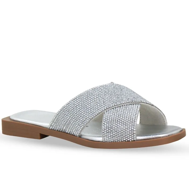 Sandália Rasteira Strass Prata 38