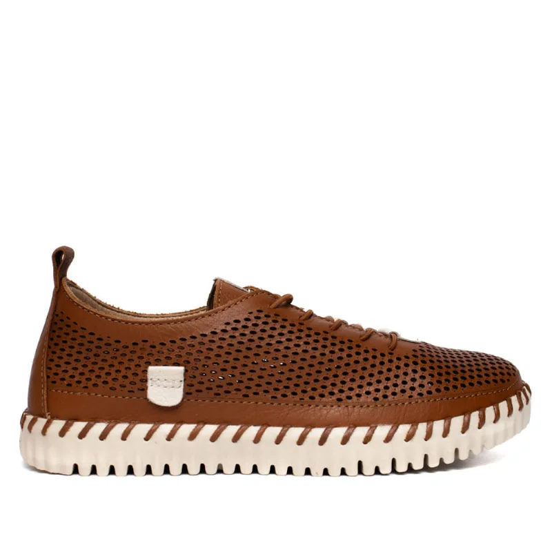Tênis Feminino Bottero Couro Perfurado Caramelo/Off White - 38