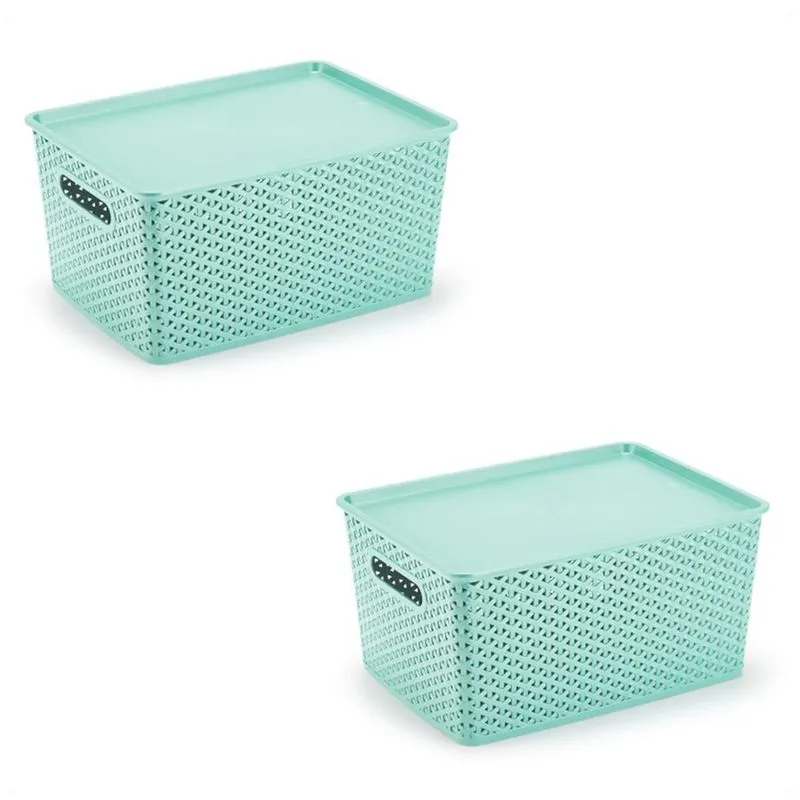 Kit 2 Organizadores Rattan Grande Cesto Verde Com Tampa 36Cm