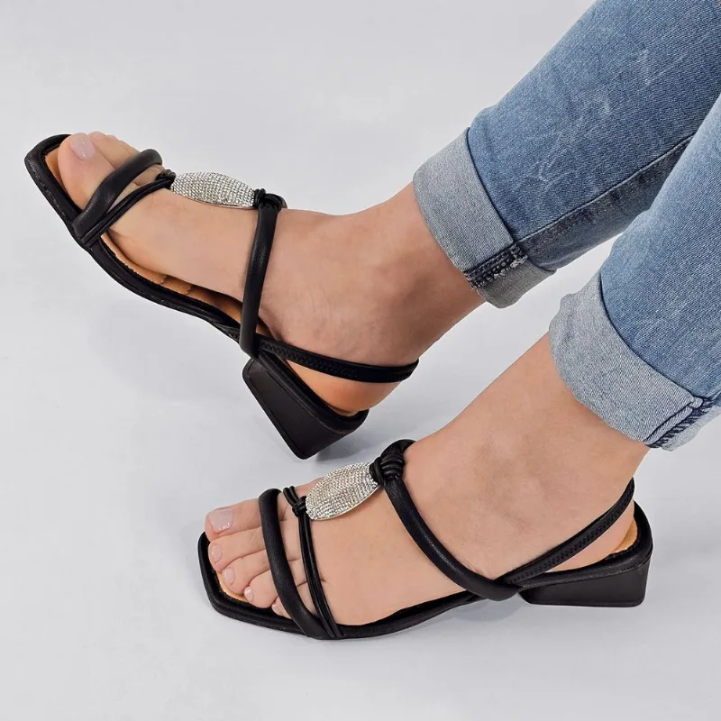 Sandália Mississipi Feminina Salto Baixo Strass MF252 35 / Preto