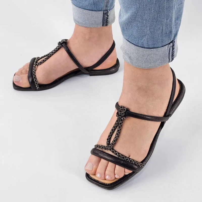 Sandália Mississipi Feminina Rasteira Strass MF842 35 / Preto