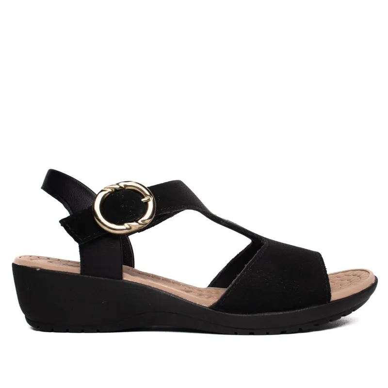 Sandália Feminina Campesí Anabela Fivela Dourada Preto - 35