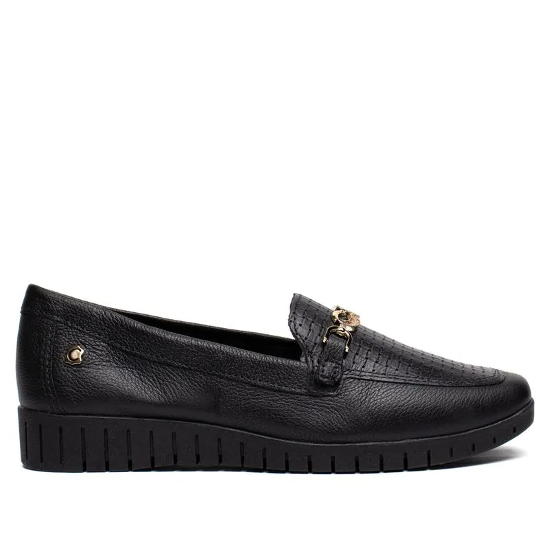 Mocassim Feminino Campesí Couro Flatform Preto/Dourado - 34