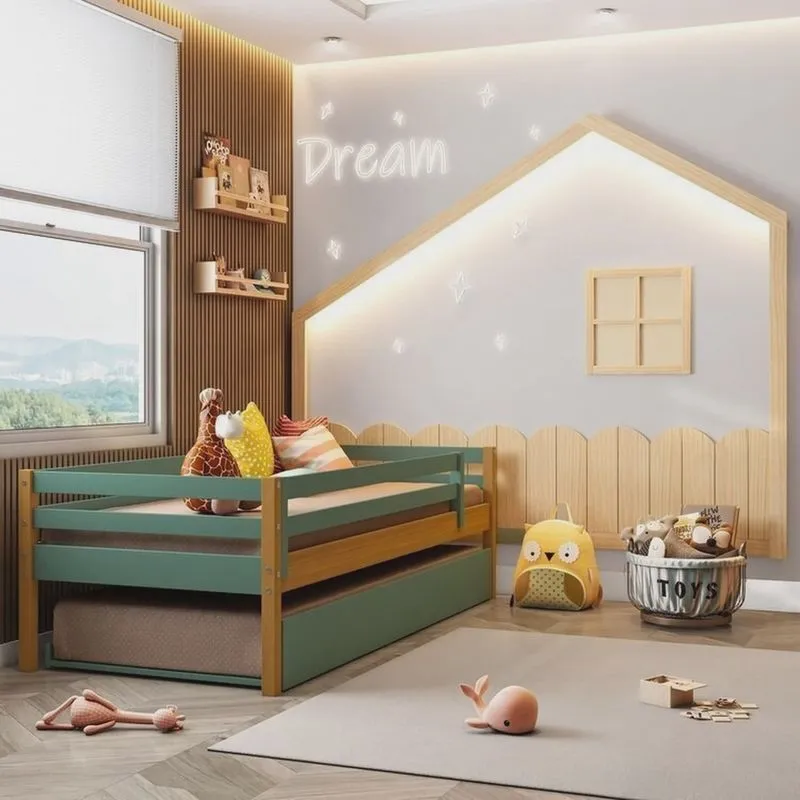 Bicama Infantil Solteiro Prime com Grade de Proteção, moldura Decorativa com Led Dream Decor