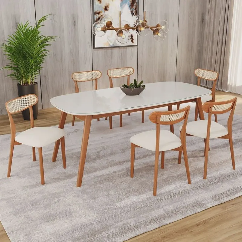 Conjunto Sala de Jantar Mesa 180x80cm Tampo em Mdf com Vidro 6 Cadeiras Ceci