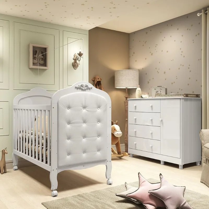 Quarto de Bebê com Cômoda 1 Porta 4 Gavetas e Berço Capitonê 100% MDF Maya Clássico Espresso M Branco Brilho/Branco