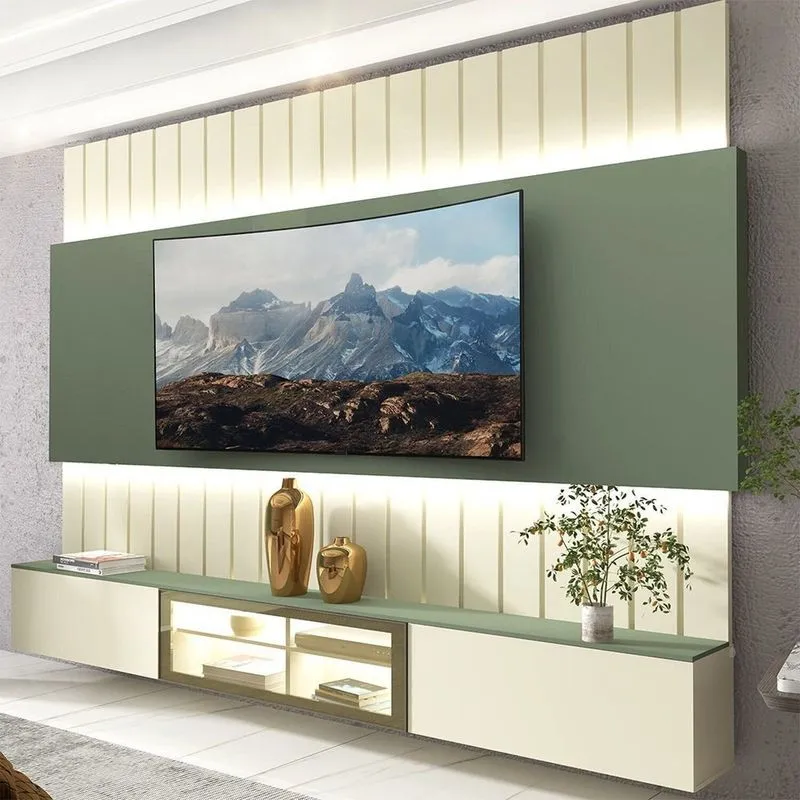 Estante Home Para Tv Até 85 Polegadas Com Led 230cm Soberano Reflecta Off White/verde