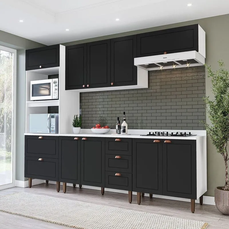 Cozinha Pérola Com Tampo 5 Peças Torre Quente Aéreo 3 Portas Balcão 120 Balcão 80 E Basculante Yescasa Branco / Preto
