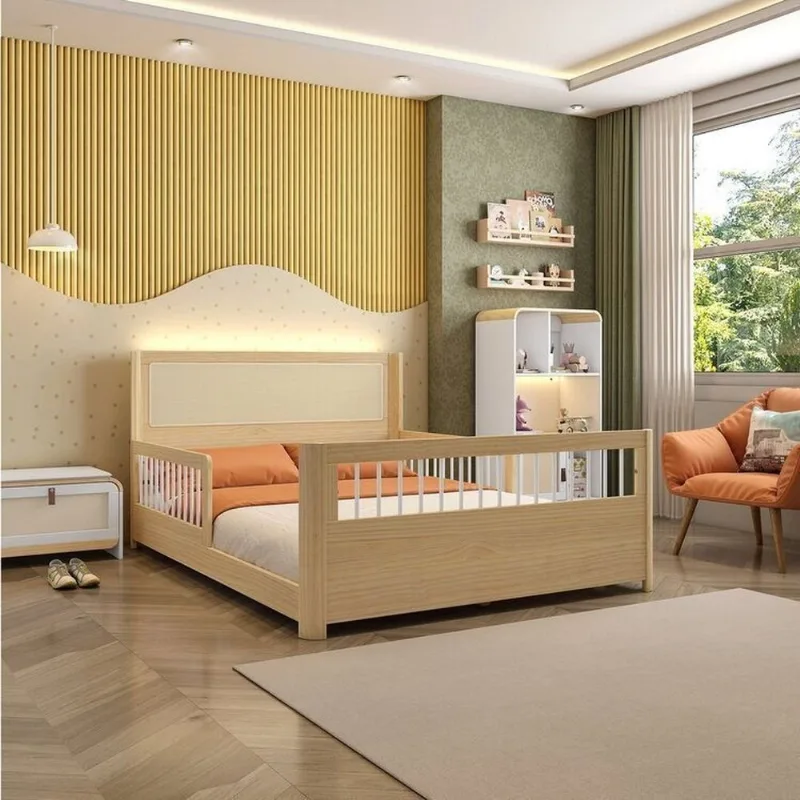 Cama Casal Montessoriana Evolutiva LED com Rattan, Grade em Palitos Wave Casatema B Natural