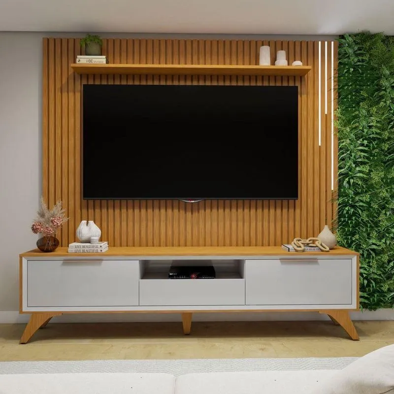 Conjunto Painel Lyon Rack Viena 227cm MDF com LED Naturalle e Off White