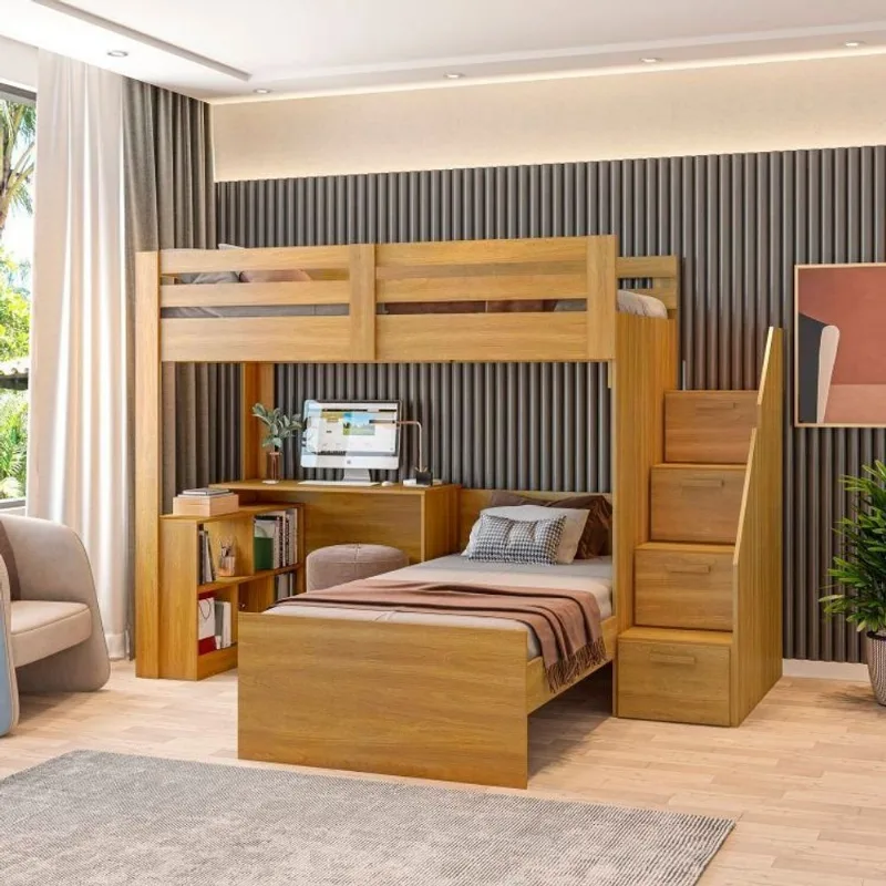 Beliche Multifuncional Solteiro Adulto com Escrivaninha Star Office Casatema Marrom Freijó