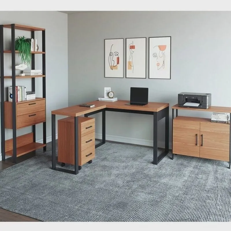 Kit 4 Peças 100% Mdf com Escrivaninha em l, Estante para Livros, Gaveteiro e Armário Multiuso