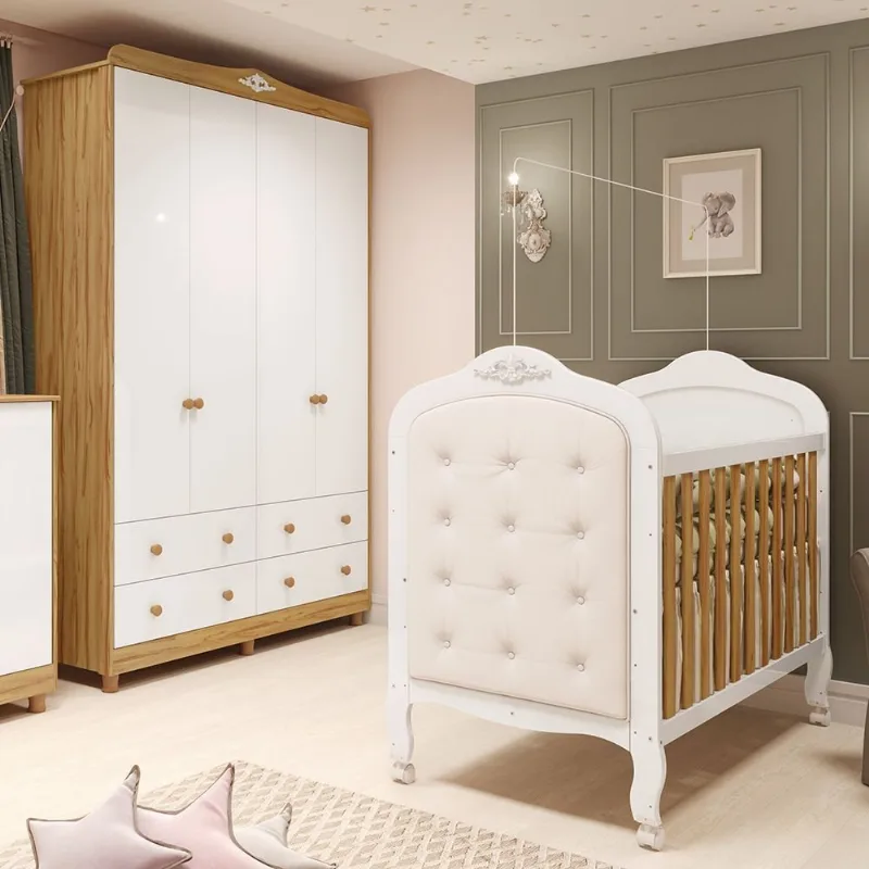 Quarto de Bebê com Guarda-Roupa e Berço com Capitonê 100% MDF Maya Clássico Espresso Móveis Branco/B Branco Brilho/Amêndoa