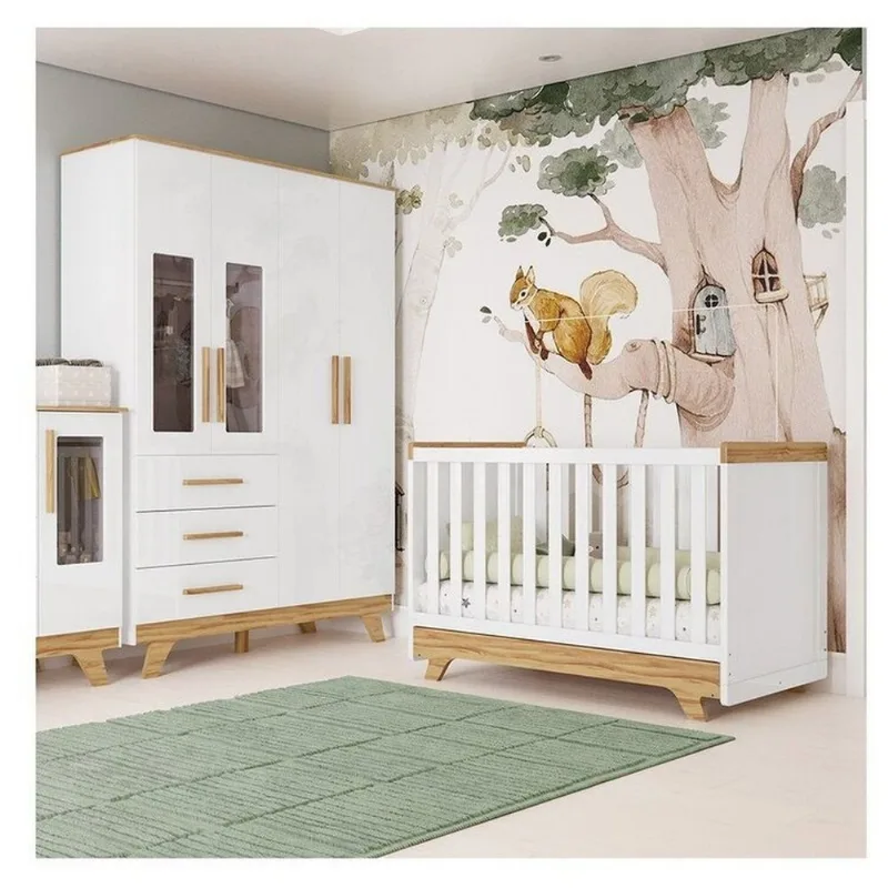 Quarto de Bebê com Berço e Guarda-Roupa com Janelas 100% MDF Retrô Kakau Espresso Móveis Branco/ Branco Brilho/Amêndoa