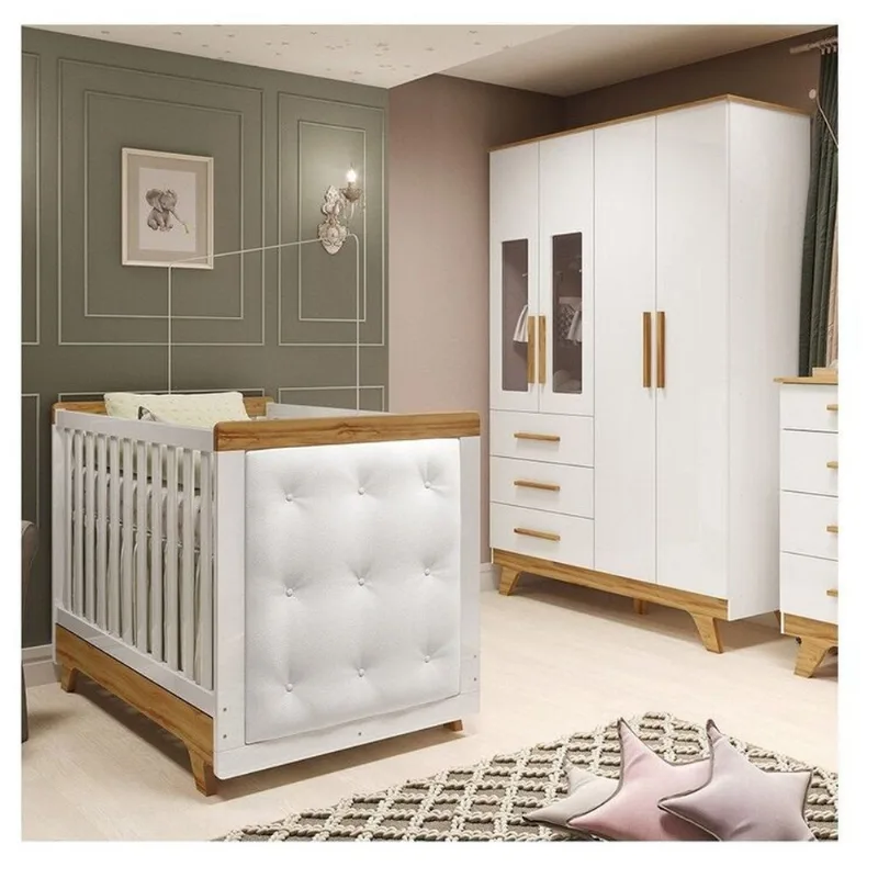 Quarto de Bebê Berço com Capitonê e Guarda-Roupa com Janelas 100% MDF Retrô Kakau Espresso Móve Branco Brilho/Amêndoa/Branco