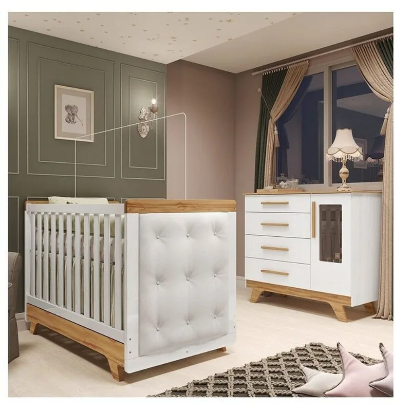 Quarto de Bebê Berço com Capitonê e Cômoda com Janelas 100% MDF Retrô Kakau Espresso Móveis Br Branco Brilho/Amêndoa/Branco