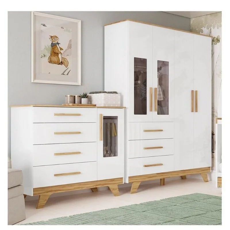 Quarto Infantil com Guarda-Roupa e Cômoda com Janelas 100% MDF Retrô Kakau Espresso Móveis Branco Branco Brilho/Amêndoa