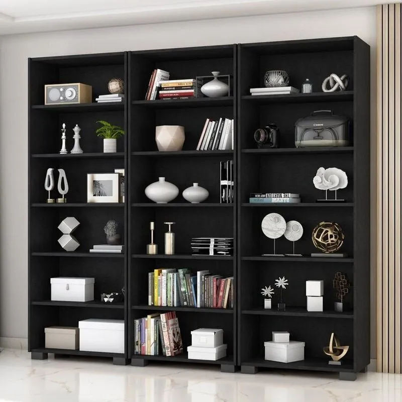 Kit 3 Estantes Para Livros 5 Prateleiras 188cmx181,5cm Office Preto