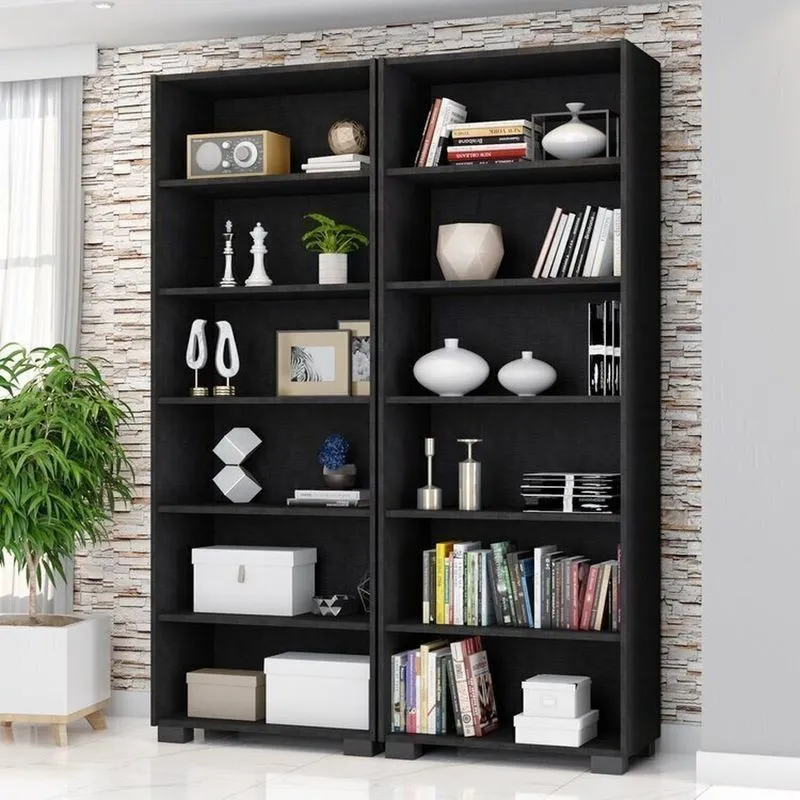 Kit 2 Estantes Para Livros 5 Prateleiras 188cmx181,5cm Office Preto