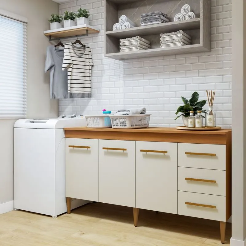Lavanderia Modulada Balcão 3 Portas E 3 Gavetas Nova Iguaçu Nature/off White
