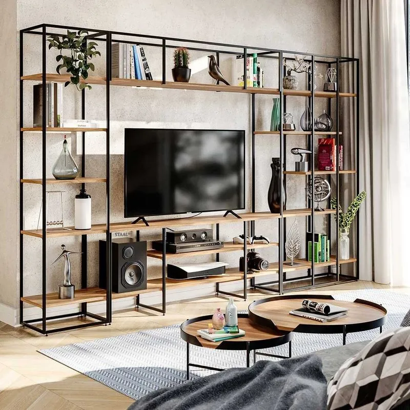 Conjunto De Estantes Para Tv Em Ferro E Madeira Lisse Freijó/preto