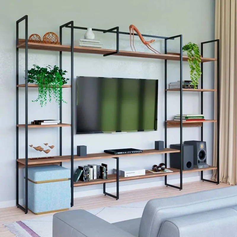 Conjunto De Estantes Industrial Para Sala De Tv Urban Com 250cm Freijó/preto
