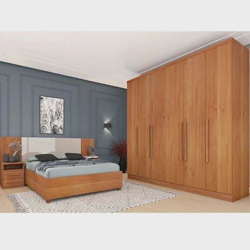 Quarto Casal Completo Roupeiro Veneza 4 Gavetas Painel Ripado com Mesa de Cabeira 2 Gavetas