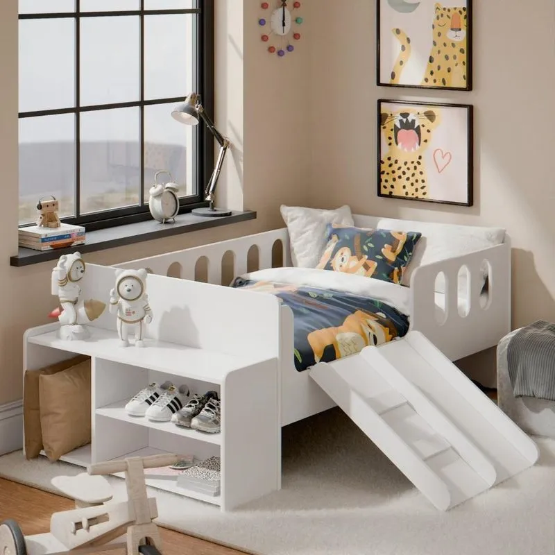 Cama Infantil Montessoriana Quarto De Criança Com Nicho Escada E Escorregador Branco