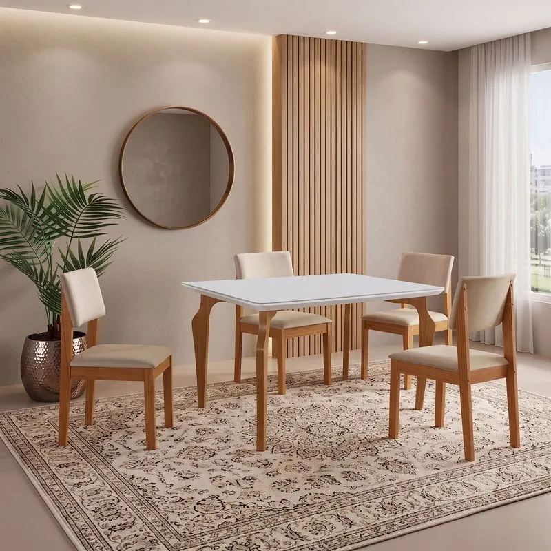 Conjunto Sala De Jantar Mesa Tampo Vidro/mdf Com 4 Cadeiras Marialice Castanho Cinamomo/creme/off White