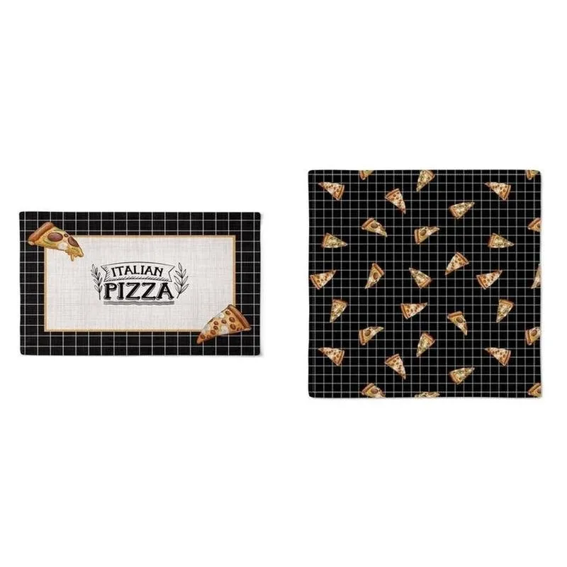 Kit 2 Jogo Americano + 2 Guardanapos + 2 Argolas - Noite Da Pizza Preto/amarelo