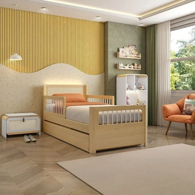 Bicama Solteiro Reversível com Estante em LED e Sapateira Infantil Wave Casatema B Branco/Natural