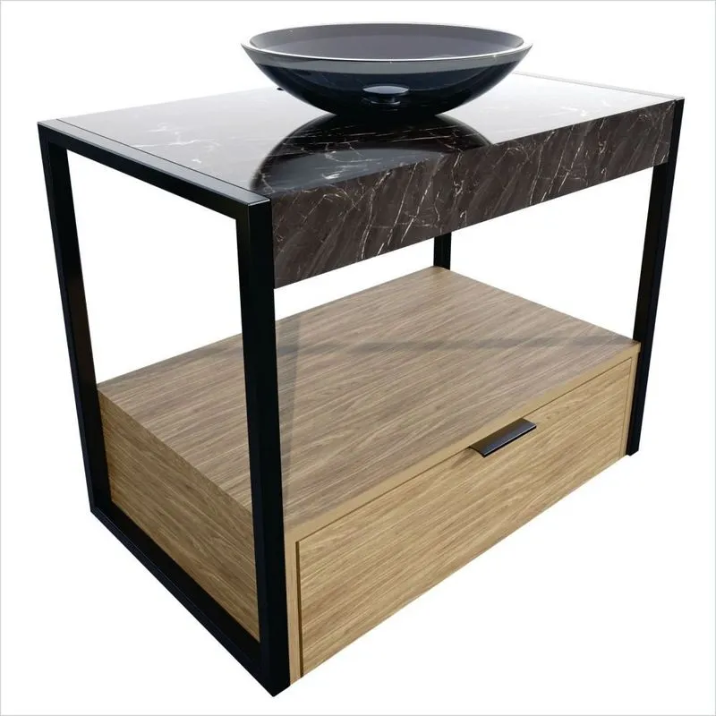 Gabinete Creta Em Porcelanato 71,2cm X 68,0cm X 43,0cm Preto/amendoeira/nero/fumê/black Amendoeira/nero/fumê/black