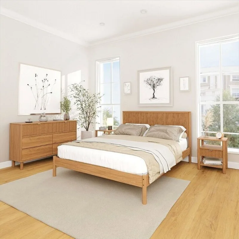 Conjunto Cama Queen com 2 Mesas de Cabeceira e Cômoda Oiti CabeCasa MadeiraOriginals Marrom Marrom