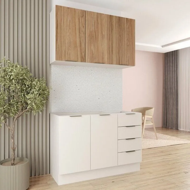 Cozinha Planejada 2 Peças sem Tampo com Rodapé 1 Aéreo e 1 Balcão Ipanema CabeCasa MadeiraOrigin Branco/Acácia