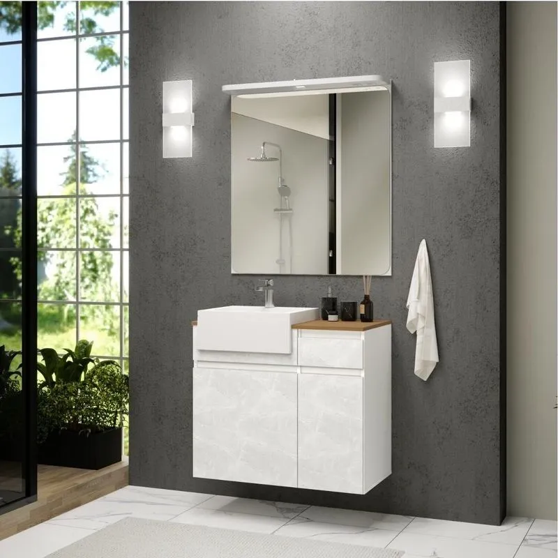 Gabinete Para Banheiro Com Led, Cuba E Espelheira 80cm Cora Branco/cristal/amêndoa Branco/cristal/amêndoa