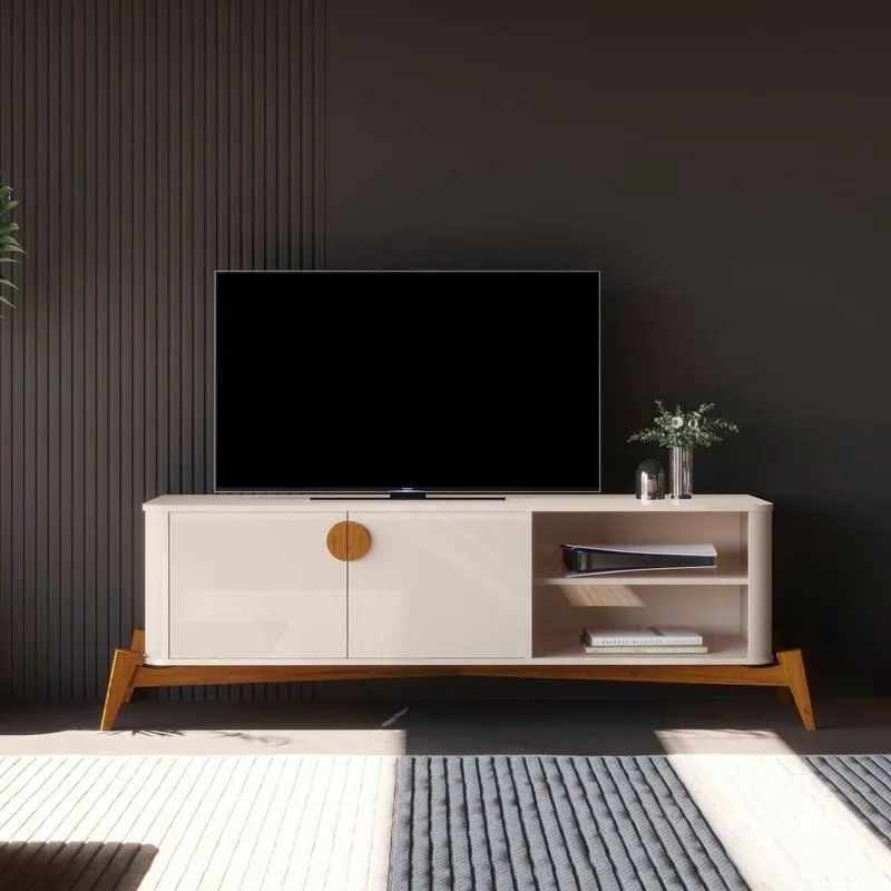 Rack Para Tv Até 60 Polegadas Retrô Pés Em Madeira Maciça 100% Mdf 154cm Buriti Bege Offwhite