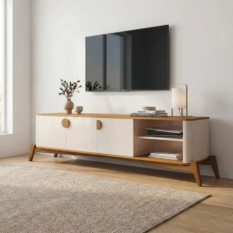 Rack Para Tv Até 75 Polegadas Retrô Com Pés Em Madeira Maciça 100% Mdf 195cm Buriti Bege Offwhite/nature
