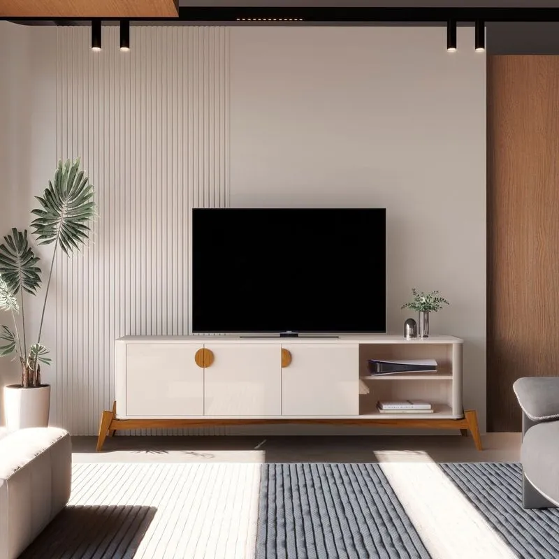 Rack Para Tv Até 75 Polegadas Pés Em Madeira Maciça Estilo Retrô 100% Mdf 195cm Buriti Bege Offwhite