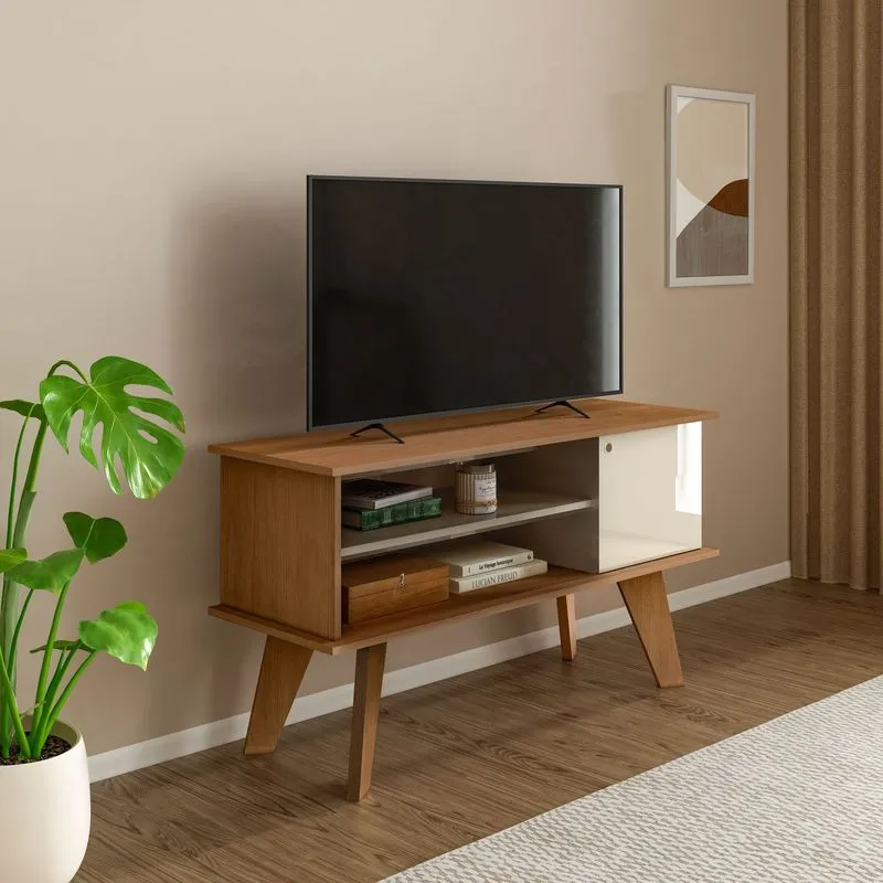Rack Para Tv Até 50 Polegadas Mdf 120cm 1 Portas 2 Nichos Frank Marrom Cinamomo C/off White