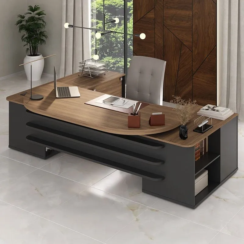 Escrivaninha Mesa Escritório Presidente Tamburato Com E E Design Em U 4 Gavetas 2 Portas 258,2cm Nogal E Preto Marrom Artany Nogal/preto
