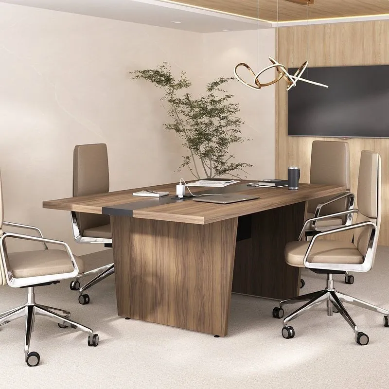 Mesa De Reunião Modular Para Escritório Em Tamburato 50mm Com Caixa De Tomada Marrom/nogal/preto Artany Nogal/preto