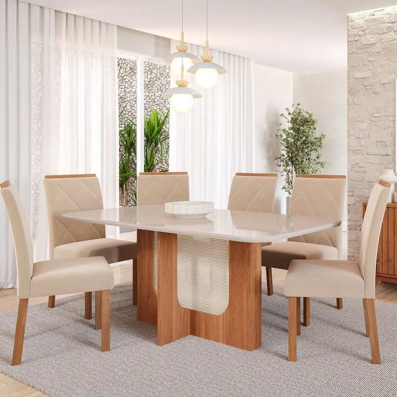 Sala De Jantar Louise 1,60cm Com 6 Cadeiras Fernanda Marrom/cinamomo/offwhite/madeira/nude Cinamomo/ Offwhite/ Madeira /nude