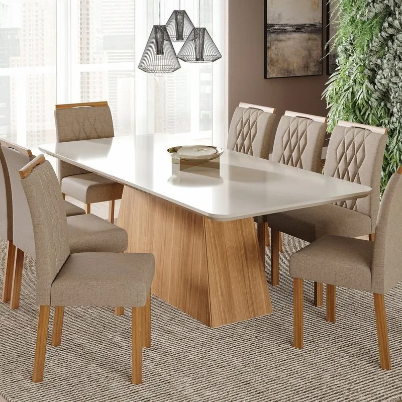 Sala De Jantar Helena 210 Cm Com 8 Cadeiras Juliana Marrom/cinamomo/offwhite/bege Cinamomo/offwhite/bege